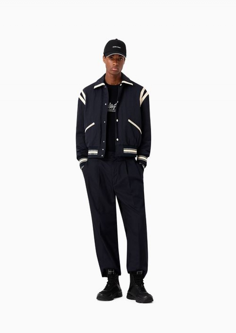 Navy Blue Emporio Armani Soft-touch Pima-cotton Gabardine Trousers With Darts | EA-SN58318