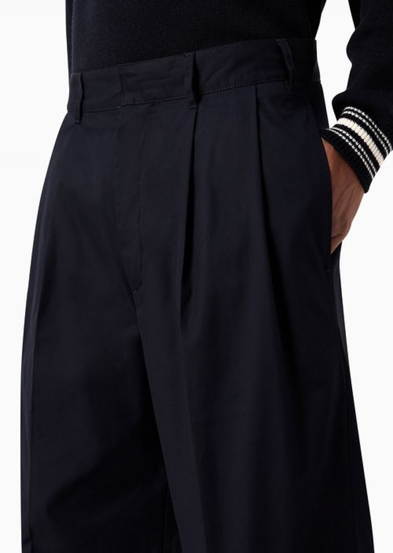 Navy Blue Emporio Armani Soft-touch Pima-cotton Gabardine Trousers With Darts | EA-SN58318