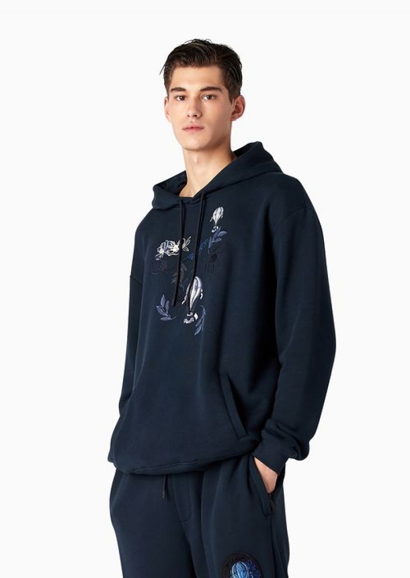 Navy Blue Emporio Armani Soft-twill, Hooded Sweatshirt With Resort Capsule Collection Print Embroidery | EA-SN58479