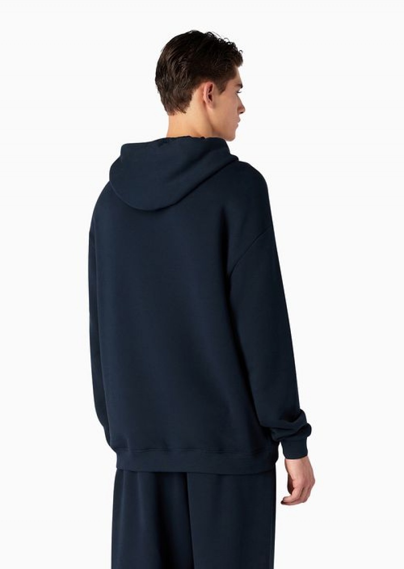 Navy Blue Emporio Armani Soft-twill, Hooded Sweatshirt With Resort Capsule Collection Print Embroidery | EA-SN58479