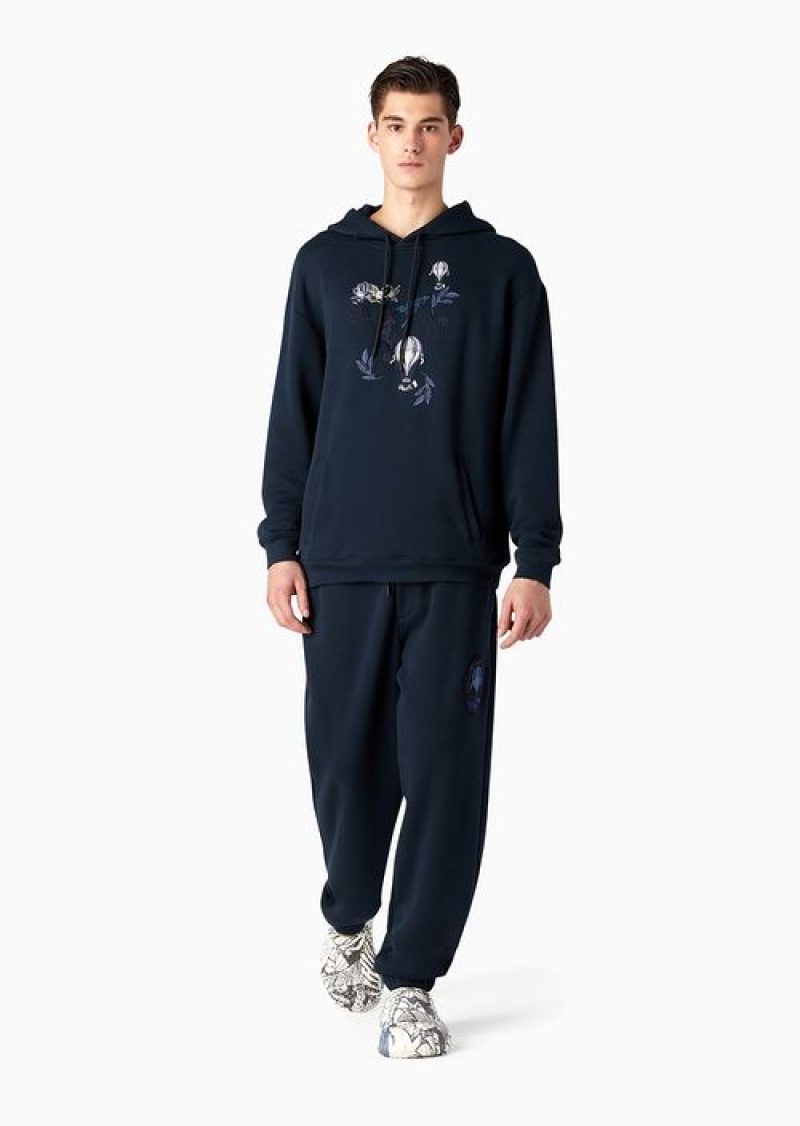 Navy Blue Emporio Armani Soft-twill, Hooded Sweatshirt With Resort Capsule Collection Print Embroidery | EA-SN58479