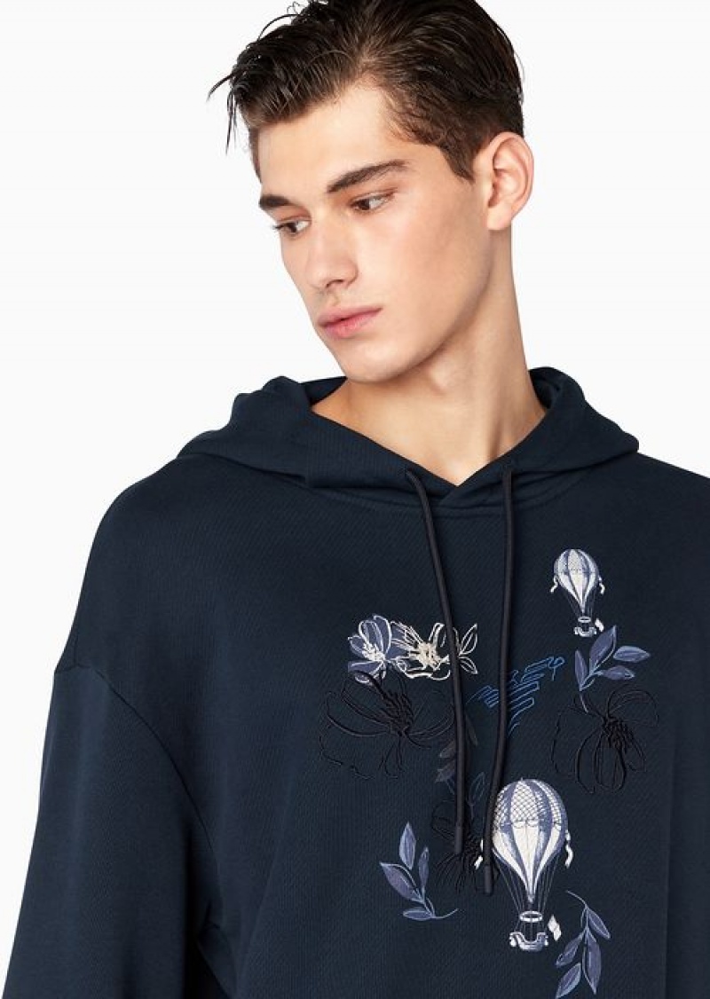 Navy Blue Emporio Armani Soft-twill, Hooded Sweatshirt With Resort Capsule Collection Print Embroidery | EA-SN58479