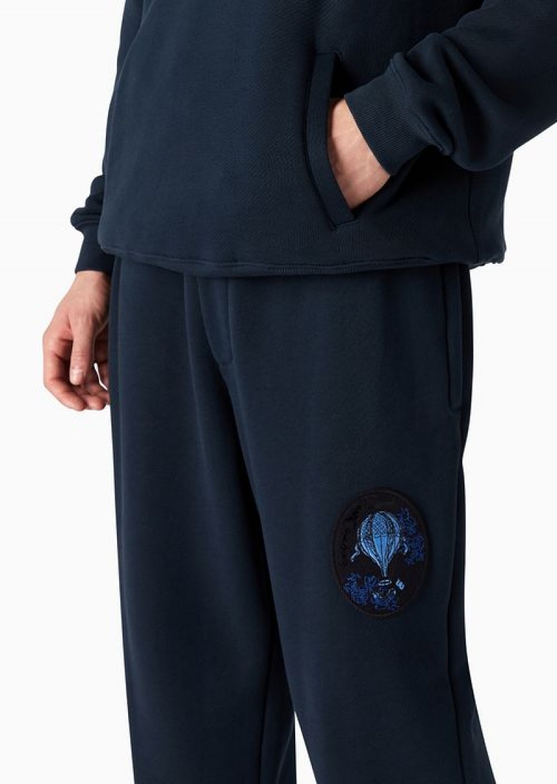 Navy Blue Emporio Armani Soft-twill, Hooded Sweatshirt With Resort Capsule Collection Print Embroidery | EA-SN58479