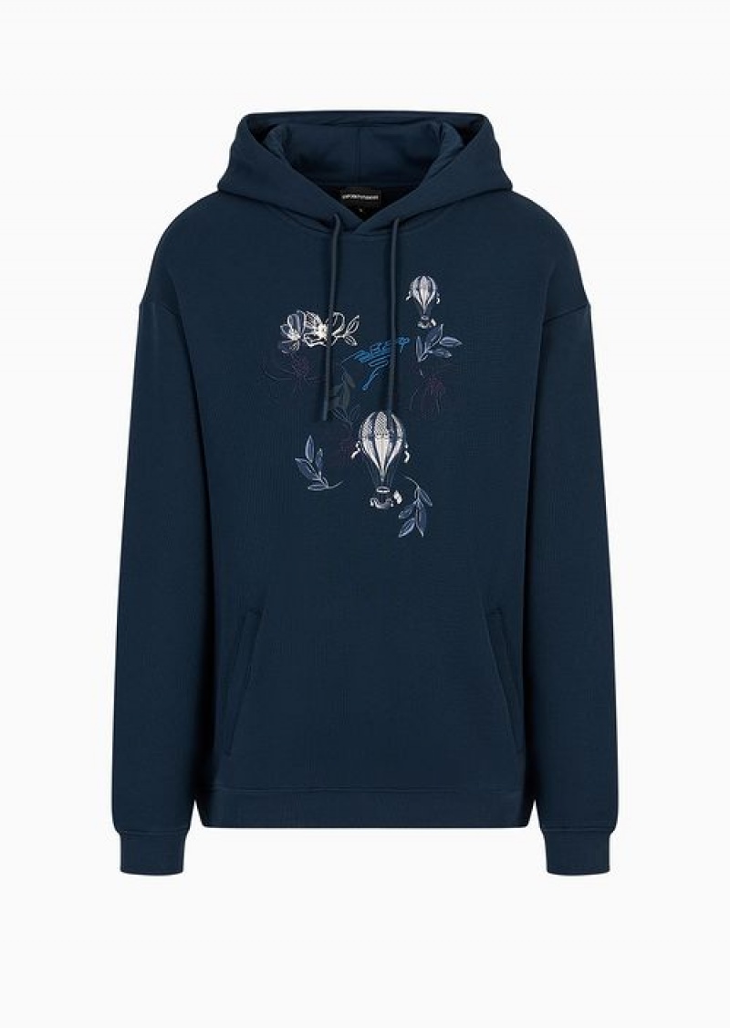 Navy Blue Emporio Armani Soft-twill, Hooded Sweatshirt With Resort Capsule Collection Print Embroidery | EA-SN58479