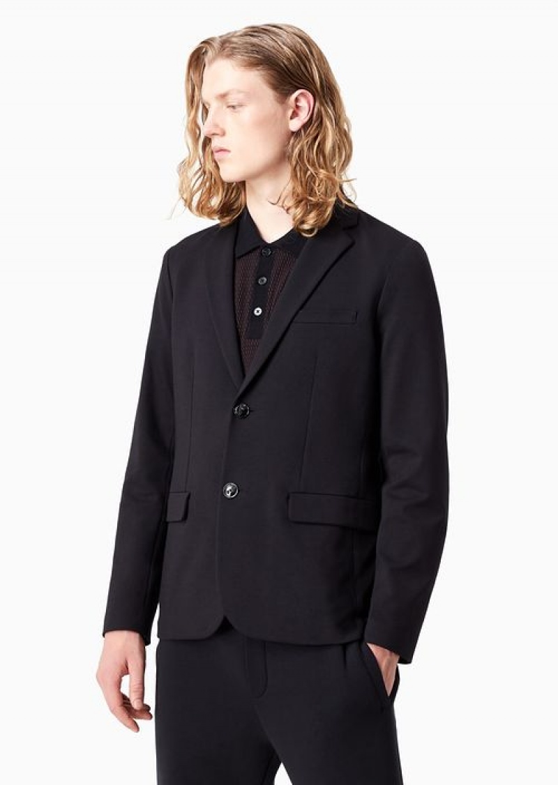 Navy Blue Emporio Armani Stitched-jersey Single-breasted Jacket | EA-SN57824