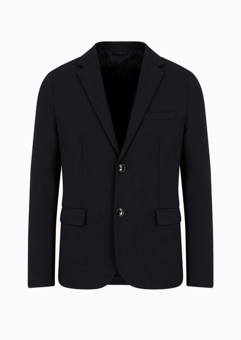 Navy Blue Emporio Armani Stitched-jersey Single-breasted Jacket | EA-SN57824