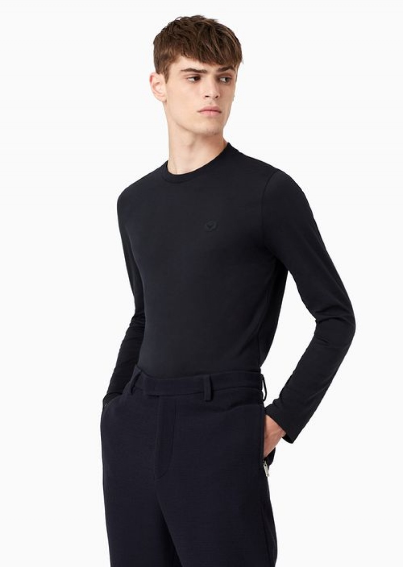 Navy Blue Emporio Armani Supima Jersey Jumper With Micro Logo Patch | EA-SN58721