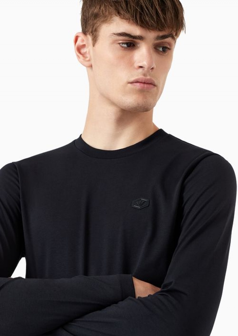 Navy Blue Emporio Armani Supima Jersey Jumper With Micro Logo Patch | EA-SN58721