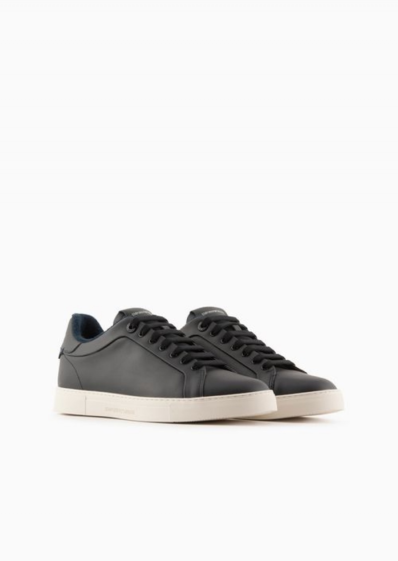 Navy Blue Emporio Armani Supple Leather Sneakers | EA-SN58951