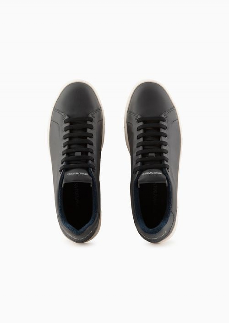 Navy Blue Emporio Armani Supple Leather Sneakers | EA-SN58951