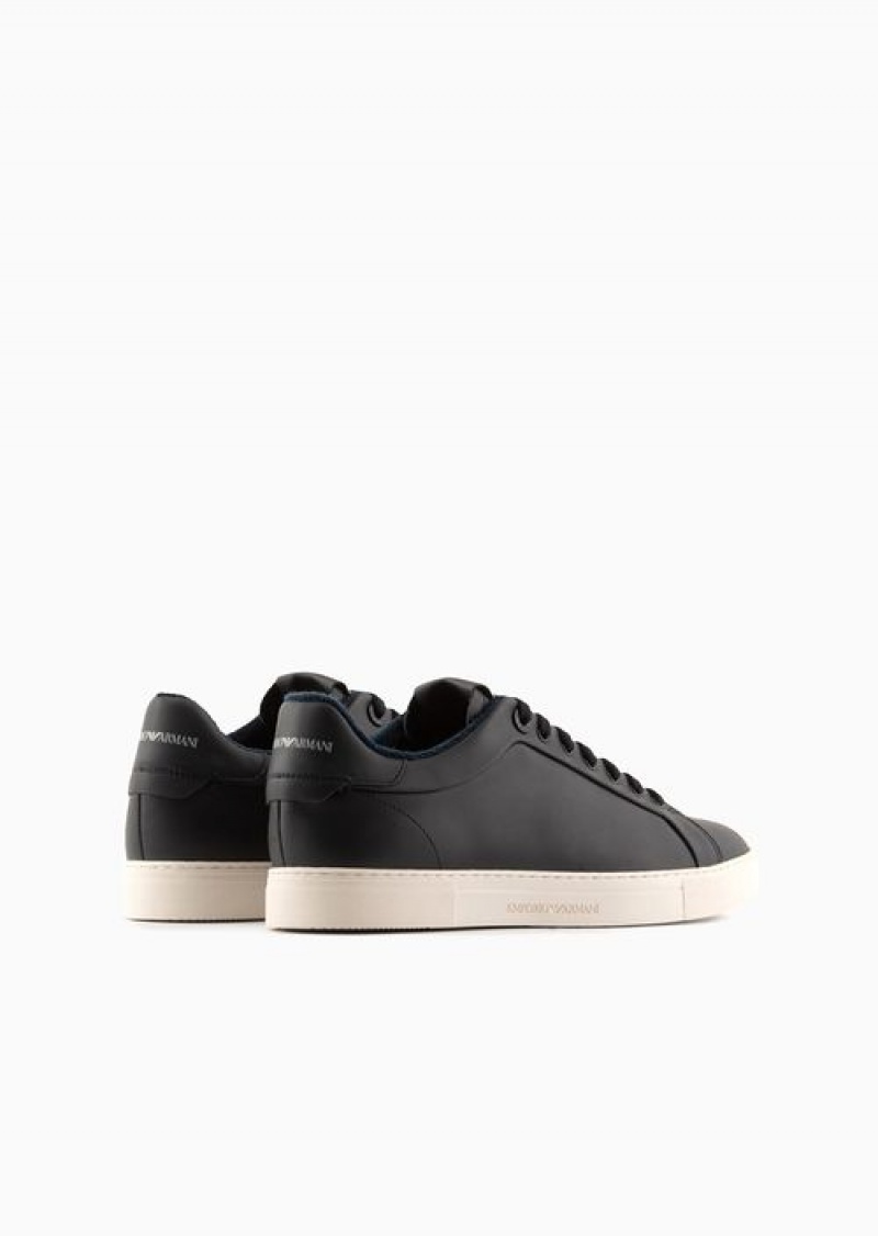 Navy Blue Emporio Armani Supple Leather Sneakers | EA-SN58951