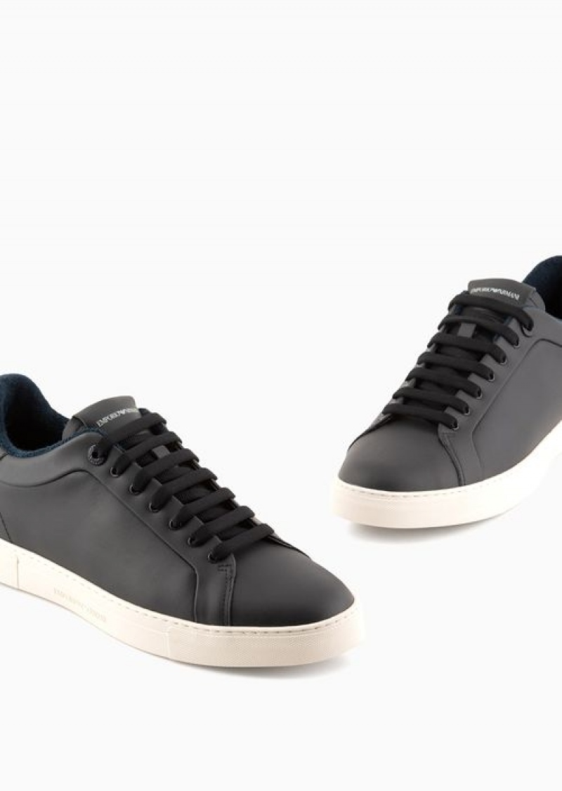 Navy Blue Emporio Armani Supple Leather Sneakers | EA-SN58951