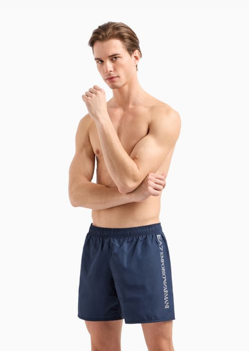 Navy Blue Emporio Armani Swim Trunks With Logo | EA7-SN59886