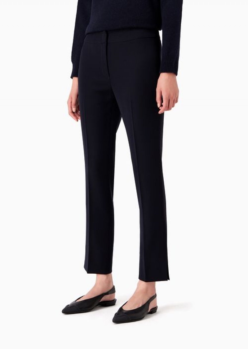 Navy Blue Emporio Armani Technical Cady Flared 7/8 Trousers | EA-SN56877