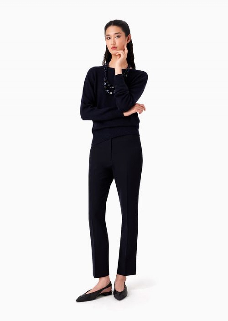 Navy Blue Emporio Armani Technical Cady Flared 7/8 Trousers | EA-SN56877