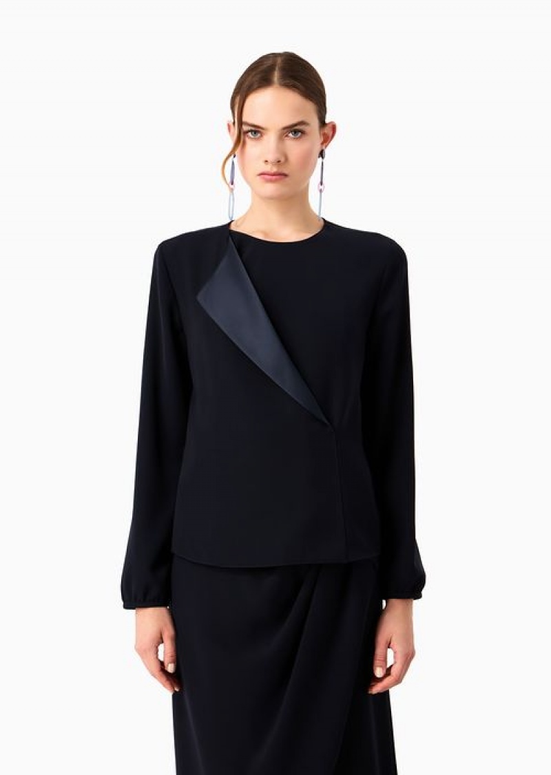 Navy Blue Emporio Armani Technical-cady Blouse With Shiny Satin Lapels | EA-SN56918