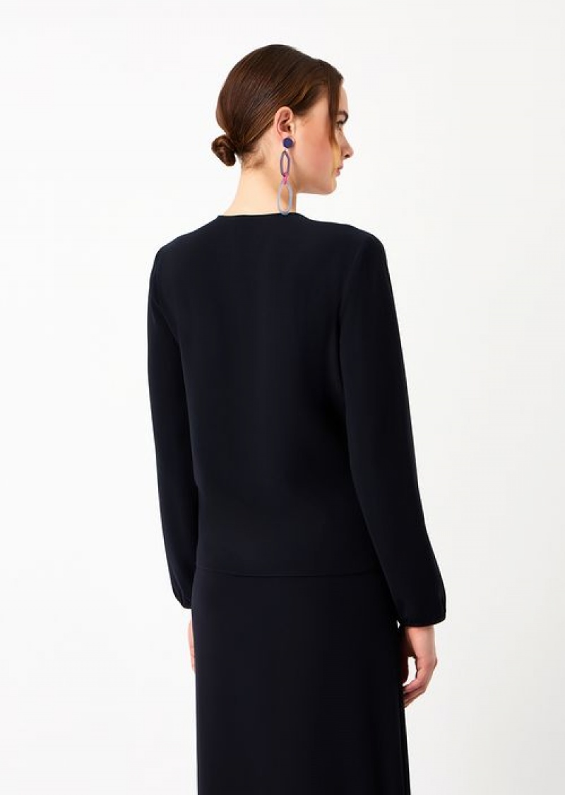 Navy Blue Emporio Armani Technical-cady Blouse With Shiny Satin Lapels | EA-SN56918