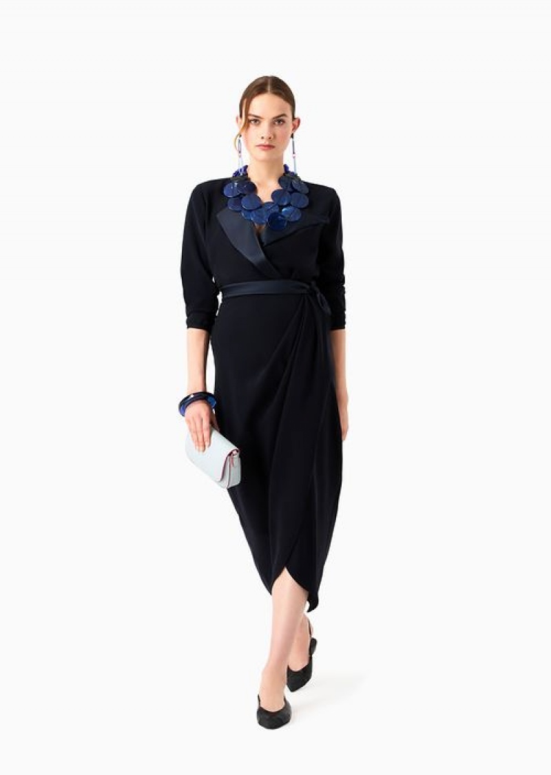 Navy Blue Emporio Armani Technical-cady Blouse With Shiny Satin Lapels | EA-SN56918