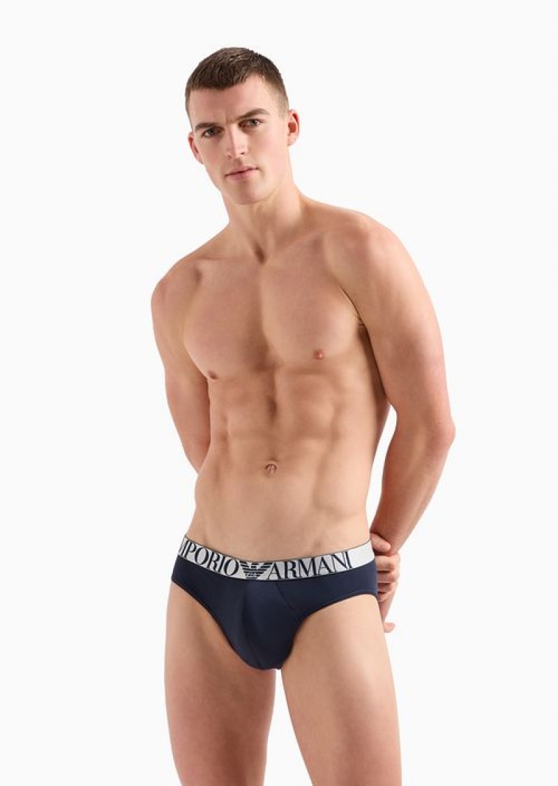 Navy Blue Emporio Armani Three-pack Of Asv Shiny Logo Waistband Organic-cotton Briefs | EA-SN58836