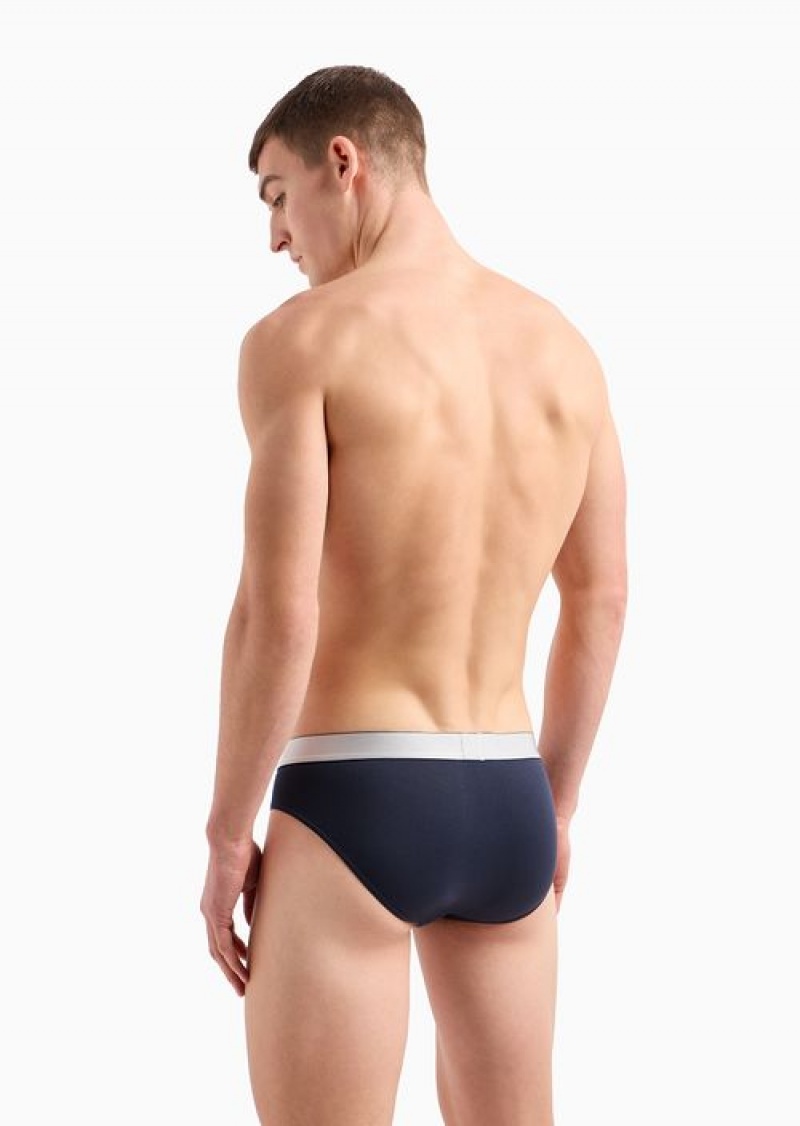 Navy Blue Emporio Armani Three-pack Of Asv Shiny Logo Waistband Organic-cotton Briefs | EA-SN58836