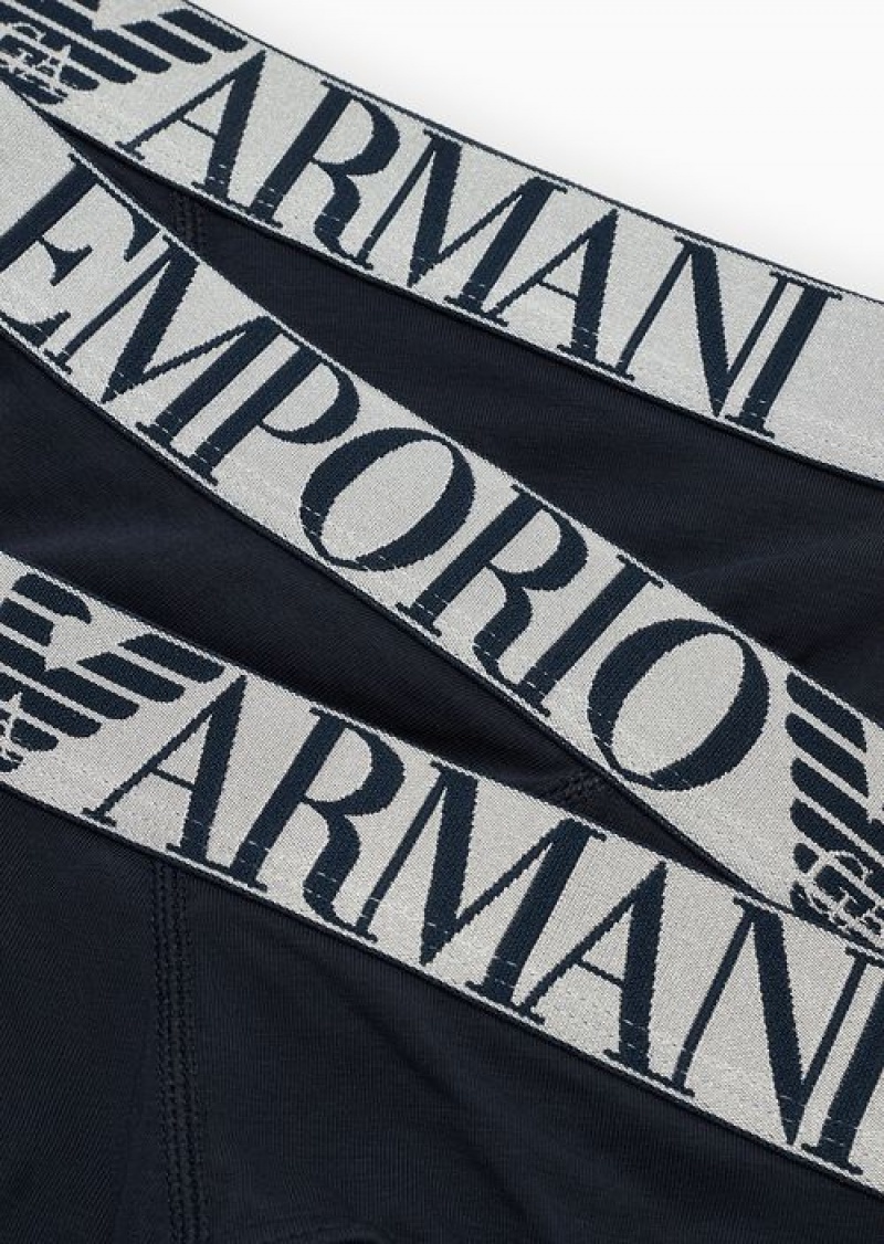 Navy Blue Emporio Armani Three-pack Of Asv Shiny Logo Waistband Organic-cotton Briefs | EA-SN58836