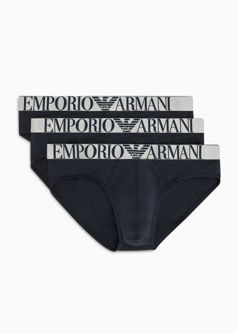 Navy Blue Emporio Armani Three-pack Of Asv Shiny Logo Waistband Organic-cotton Briefs | EA-SN58836