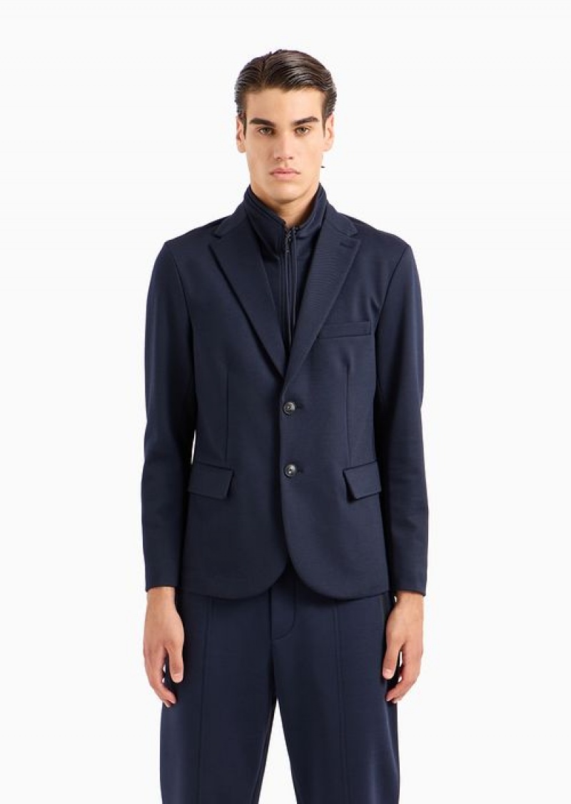 Navy Blue Emporio Armani Travel Essentials Wool-blend Jersey Full-zip Blazer With Detachable Inner Panel | EA-SN57809