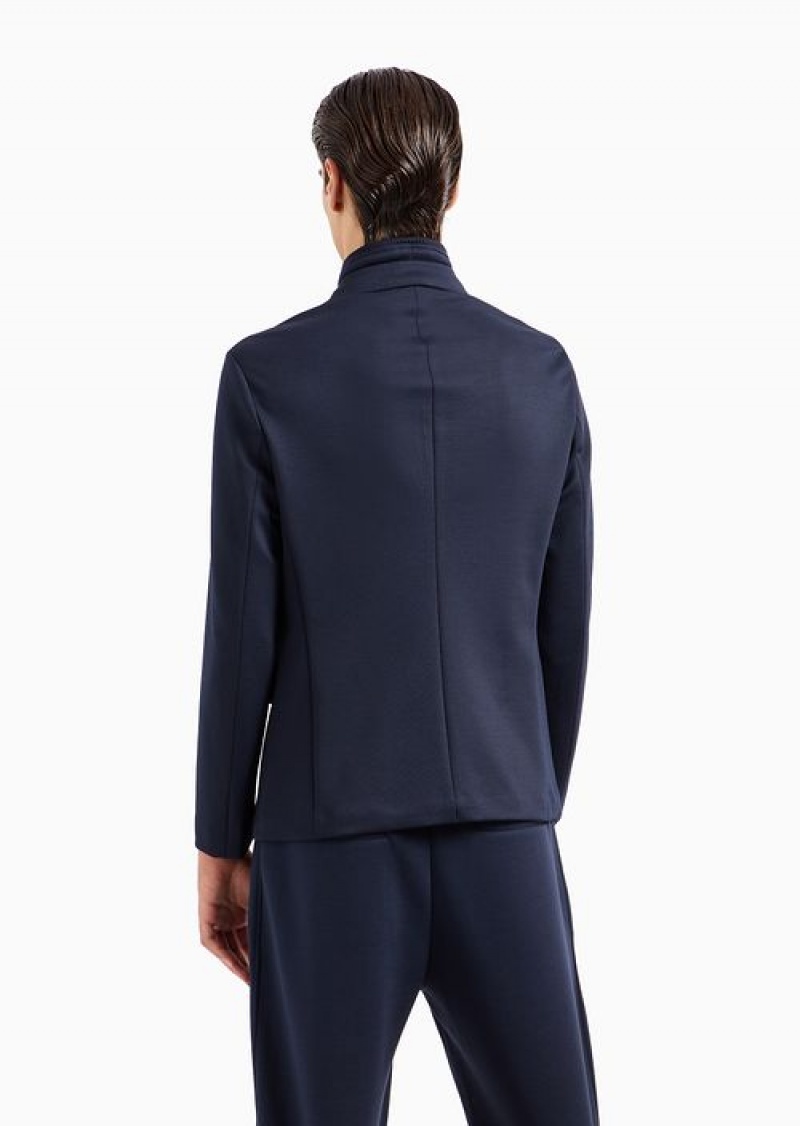 Navy Blue Emporio Armani Travel Essentials Wool-blend Jersey Full-zip Blazer With Detachable Inner Panel | EA-SN57809