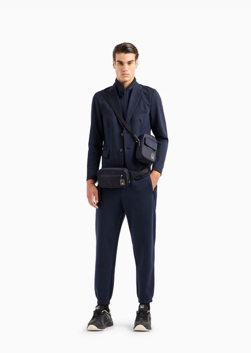 Navy Blue Emporio Armani Travel Essentials Wool-blend Jersey Full-zip Blazer With Detachable Inner Panel | EA-SN57809