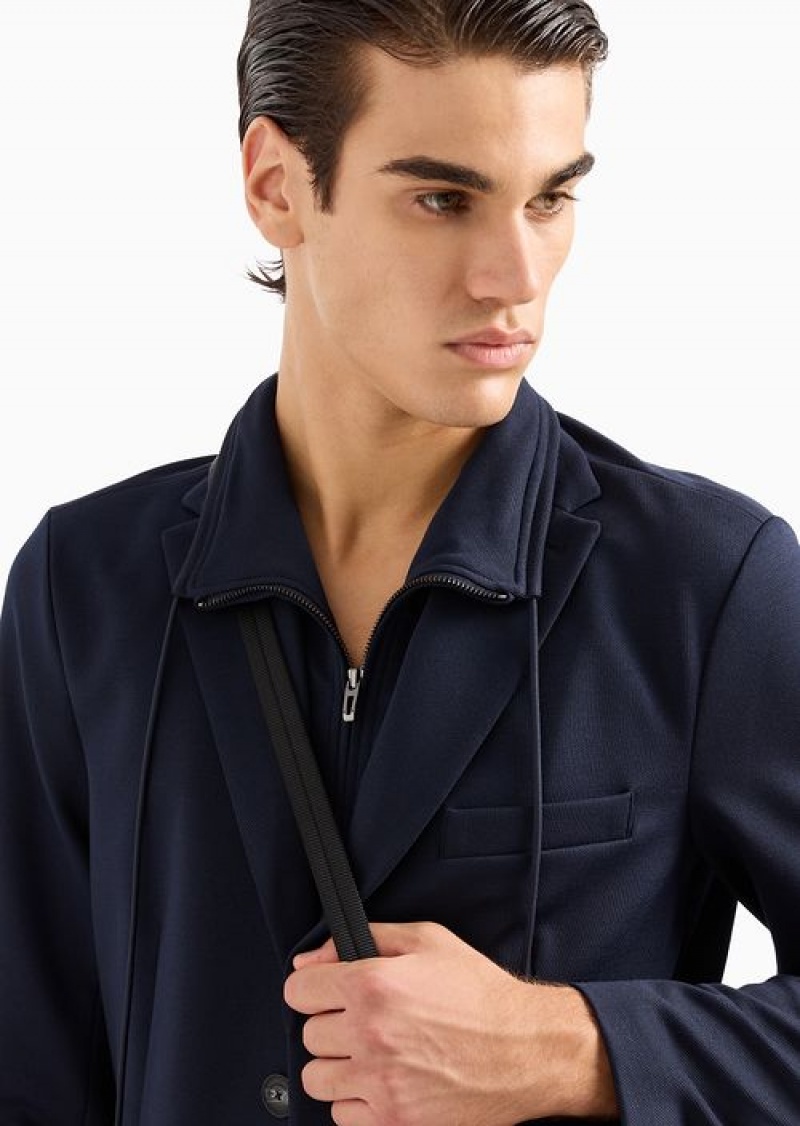 Navy Blue Emporio Armani Travel Essentials Wool-blend Jersey Full-zip Blazer With Detachable Inner Panel | EA-SN57809