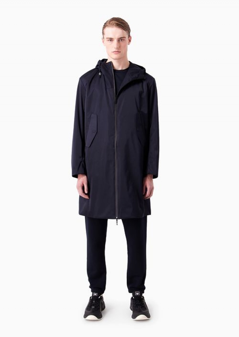 Navy Blue Emporio Armani Travel Essentials Full-zip Reversible Trench Coat With Hood In Satin-effect Technical Fabric | EA-SN58225