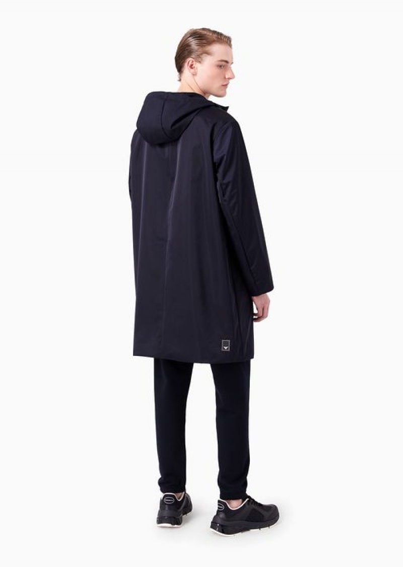 Navy Blue Emporio Armani Travel Essentials Full-zip Reversible Trench Coat With Hood In Satin-effect Technical Fabric | EA-SN58225