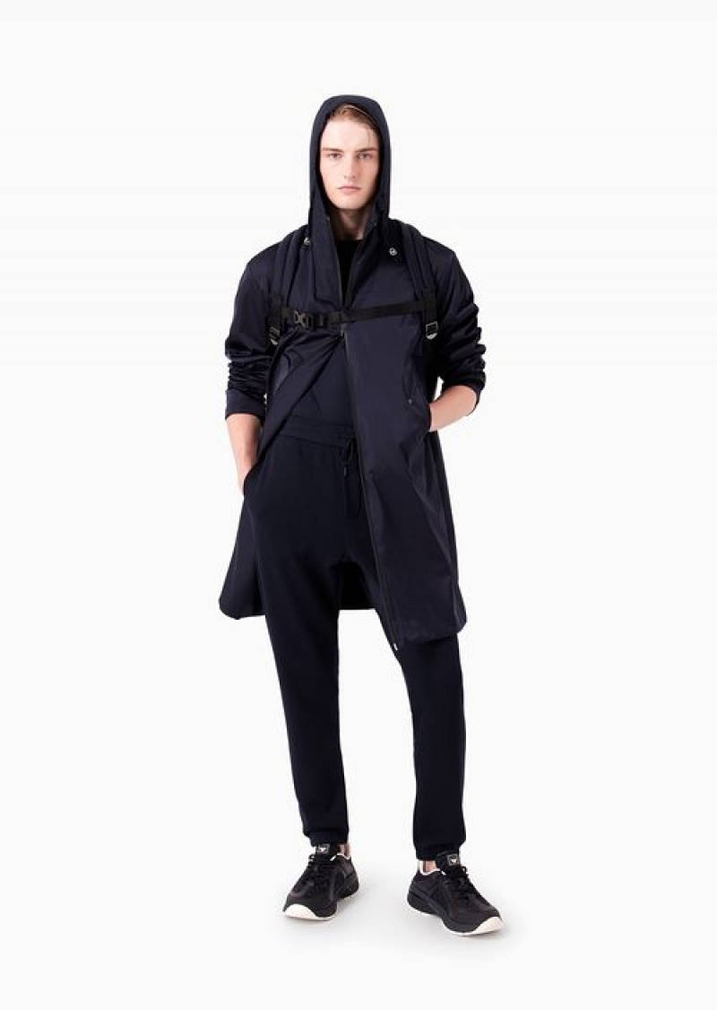 Navy Blue Emporio Armani Travel Essentials Full-zip Reversible Trench Coat With Hood In Satin-effect Technical Fabric | EA-SN58225