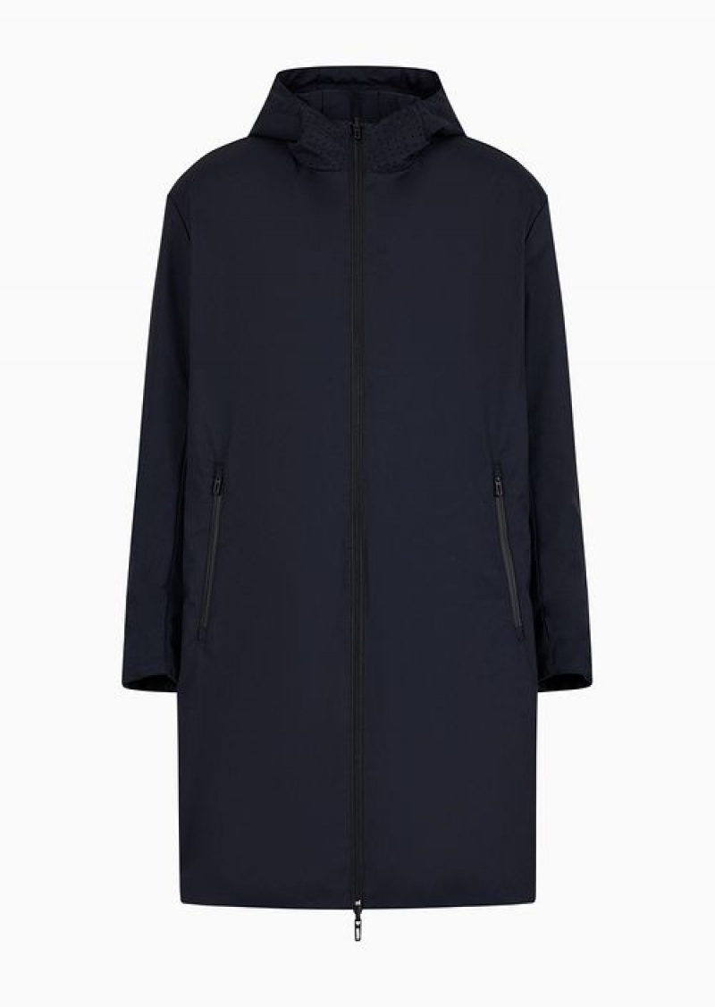 Navy Blue Emporio Armani Travel Essentials Full-zip Reversible Trench Coat With Hood In Satin-effect Technical Fabric | EA-SN58225