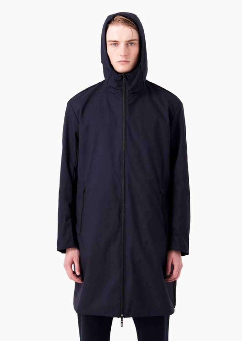 Navy Blue Emporio Armani Travel Essentials Full-zip Reversible Trench Coat With Hood In Satin-effect Technical Fabric | EA-SN58225