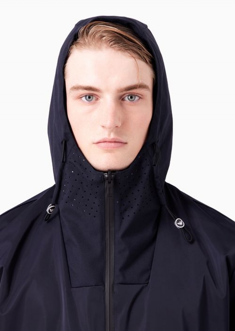 Navy Blue Emporio Armani Travel Essentials Full-zip Reversible Trench Coat With Hood In Satin-effect Technical Fabric | EA-SN58225