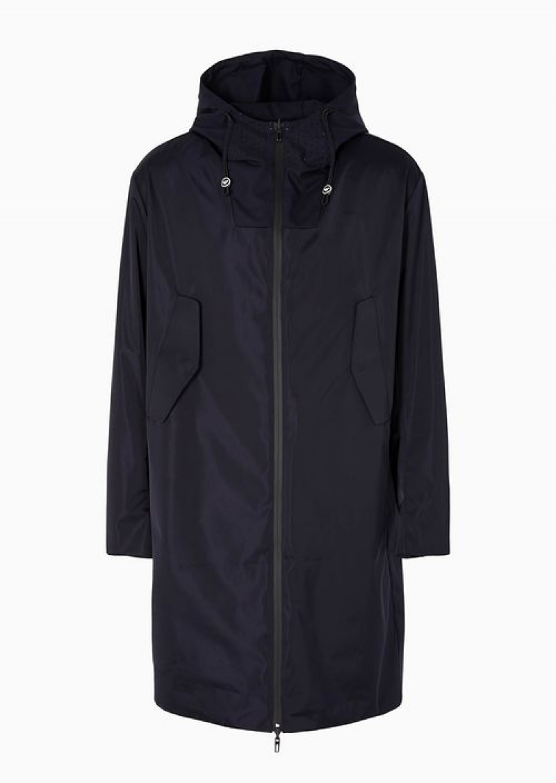 Navy Blue Emporio Armani Travel Essentials Full-zip Reversible Trench Coat With Hood In Satin-effect Technical Fabric | EA-SN58225