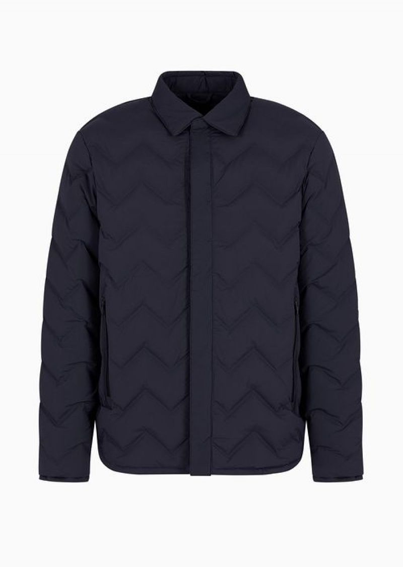 Navy Blue Emporio Armani Travel Essentials Chevron Quilted Nylon Packable Down Jacket With Classic Collar | EA-SN58226