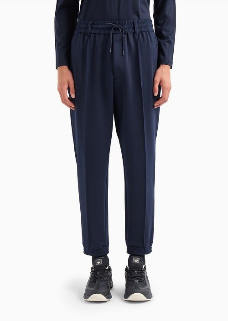 Navy Blue Emporio Armani Travel Essentials Wool-blend Jersey Joggers | EA-SN58331