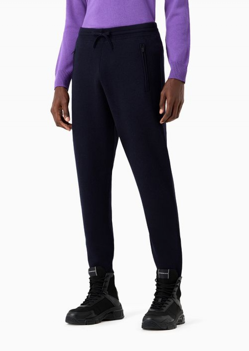 Navy Blue Emporio Armani Travel Essentials Plush-knit Virgin-wool Knit Joggers | EA-SN58332