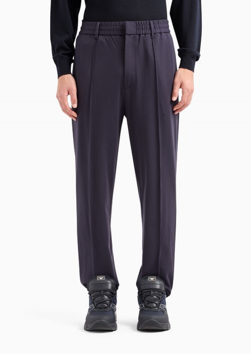 Navy Blue Emporio Armani Travel Essentials Trousers In A Viscose Jersey Blend With Ribs And Elasticated Waist | EA-SN58416