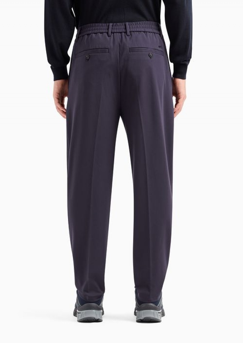 Navy Blue Emporio Armani Travel Essentials Trousers In A Viscose Jersey Blend With Ribs And Elasticated Waist | EA-SN58416