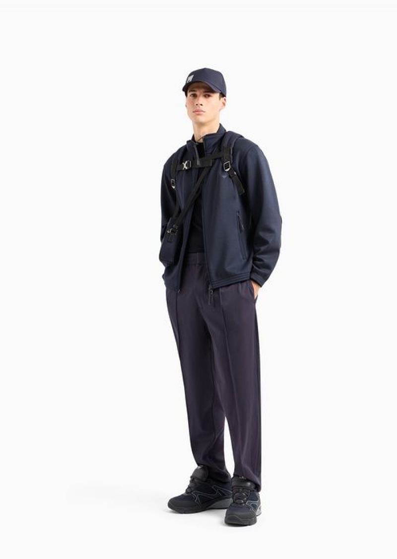 Navy Blue Emporio Armani Travel Essentials Trousers In A Viscose Jersey Blend With Ribs And Elasticated Waist | EA-SN58416