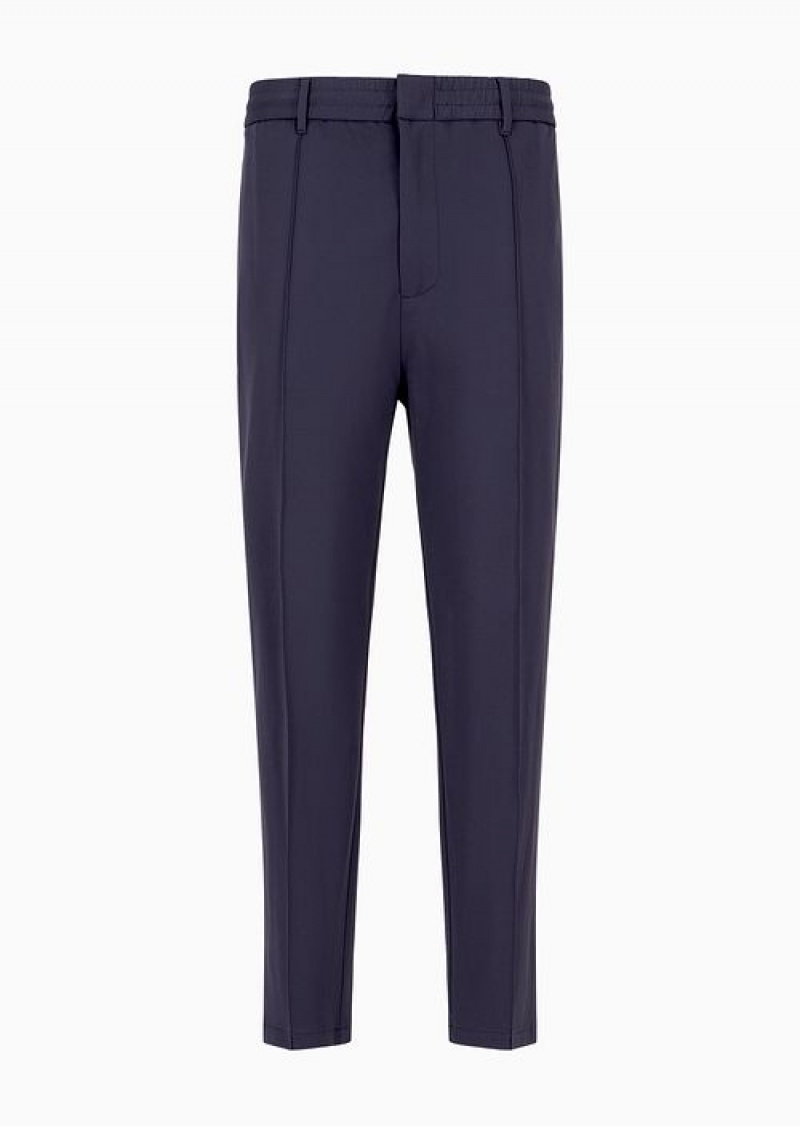 Navy Blue Emporio Armani Travel Essentials Trousers In A Viscose Jersey Blend With Ribs And Elasticated Waist | EA-SN58416