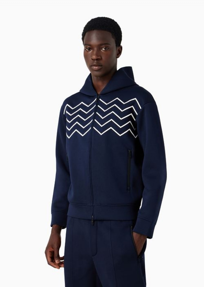 Navy Blue Emporio Armani Travel Essentials Chevron-embroidered Modal Hooded, Zip-up Sweatshirt | EA-SN58493