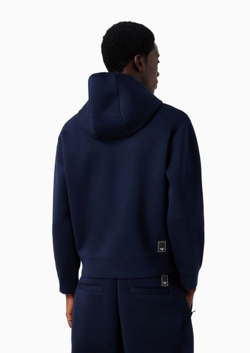 Navy Blue Emporio Armani Travel Essentials Chevron-embroidered Modal Hooded, Zip-up Sweatshirt | EA-SN58493