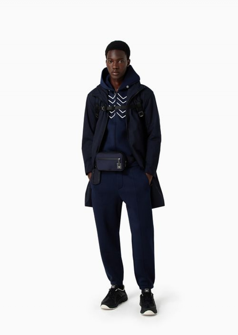 Navy Blue Emporio Armani Travel Essentials Chevron-embroidered Modal Hooded, Zip-up Sweatshirt | EA-SN58493