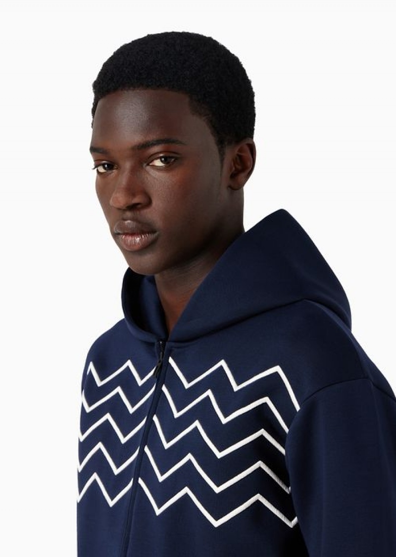 Navy Blue Emporio Armani Travel Essentials Chevron-embroidered Modal Hooded, Zip-up Sweatshirt | EA-SN58493