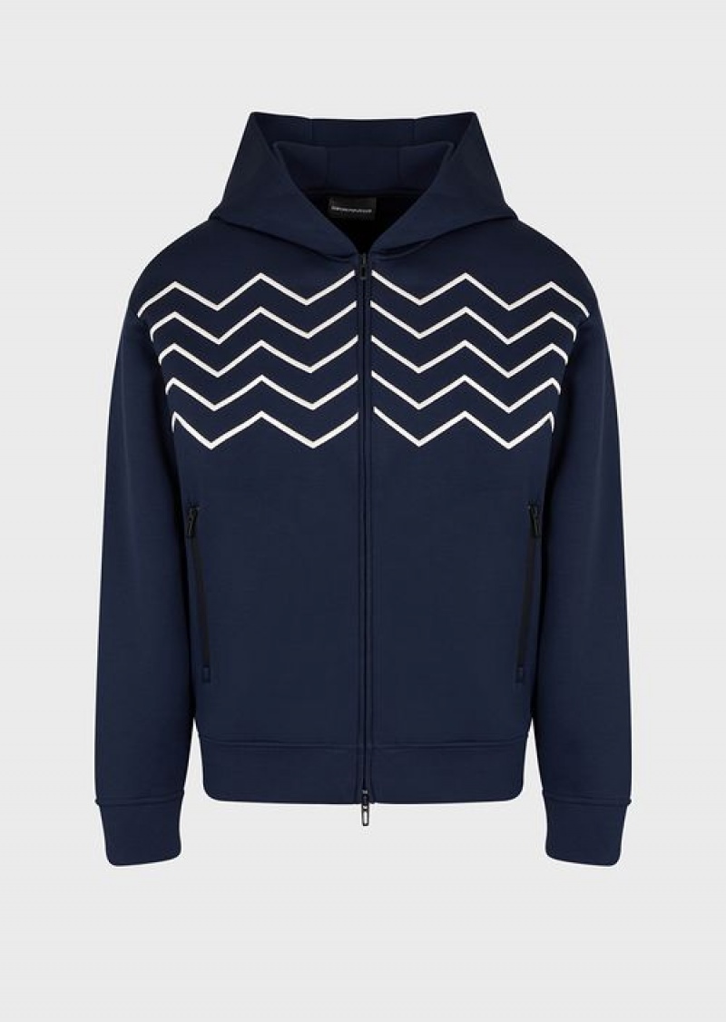 Navy Blue Emporio Armani Travel Essentials Chevron-embroidered Modal Hooded, Zip-up Sweatshirt | EA-SN58493