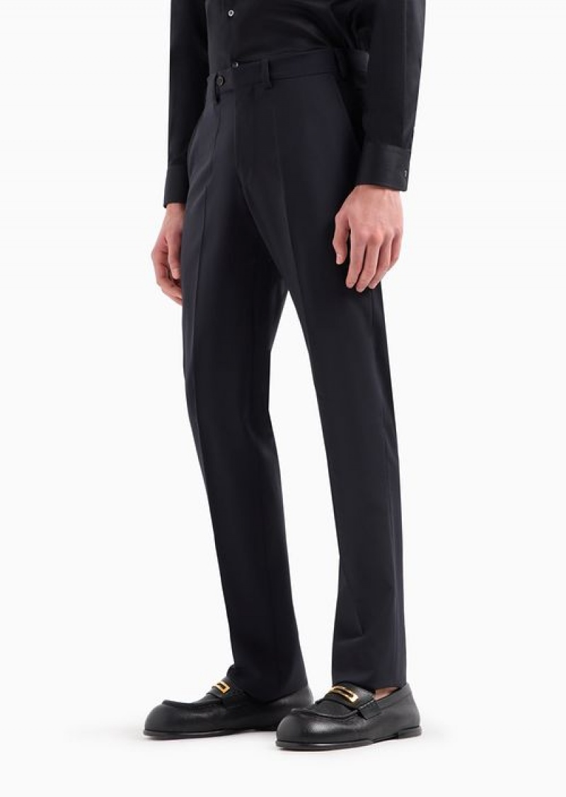 Navy Blue Emporio Armani Trousers With Off-centre Waistband In Natural Stretch Tropical Light Wool | EA-SN58377